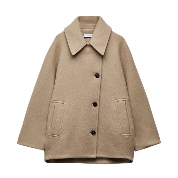 LAST ONE! OVERSIZED CROPPED WOOL COAT BEIGE - Picture 3 of 8